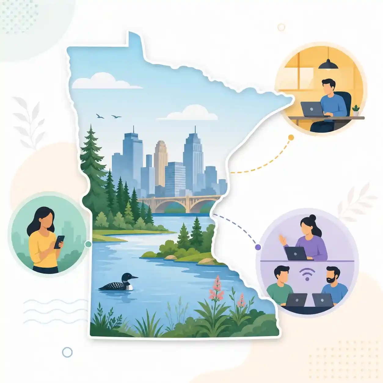 Minnesota state map with icons for mobile, office, remote team and call center connected to a central phone pin